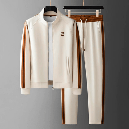 "Men's sporty tracksuit set lycra fabric, sleek lines, stripe accents, tailored fit, showcasing athletic physique."