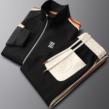 "Men's sporty tracksuit set lycra fabric, sleek lines, stripe accents, tailored fit, showcasing athletic physique."