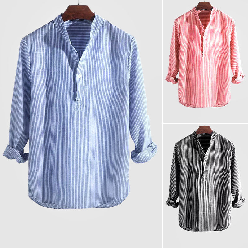 "Men's striped cotton linen Henley shirt, long sleeve, band collar, front view showing stripes and relaxed fit."