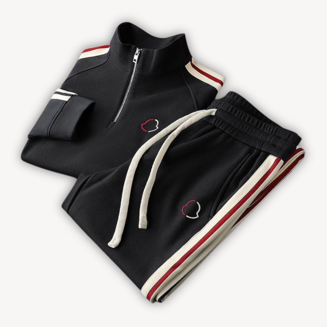 Men's stylish cotton tracksuit set with zip-up hoodie and joggers in neutral colors; perfect for casual wear and lounging.
