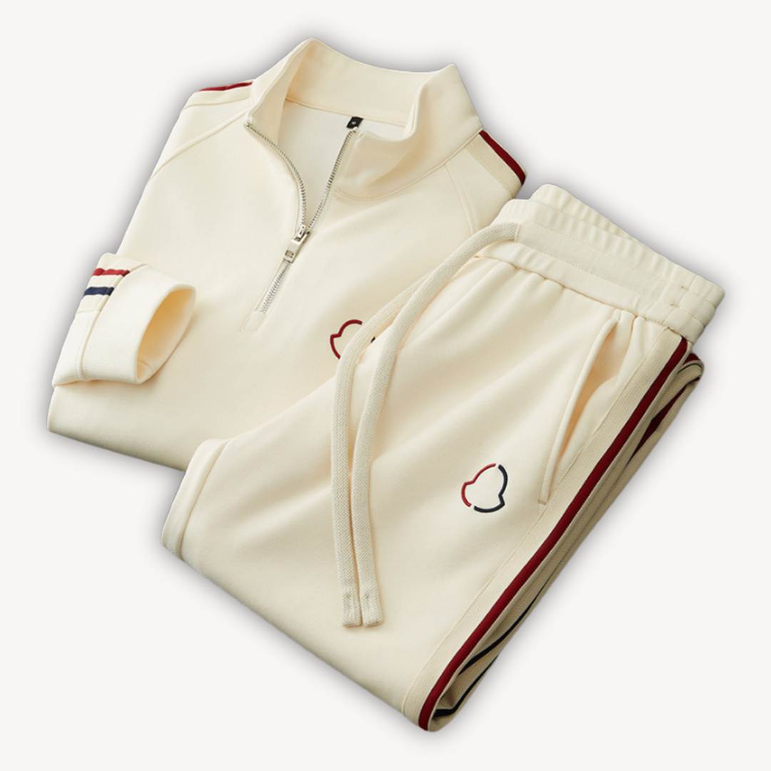Men's stylish cotton tracksuit set with zip-up hoodie and joggers in neutral colors; perfect for casual wear and lounging.