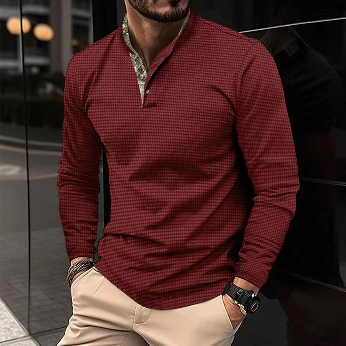 "Men's stylish long-sleeve polo shirt in army green, featuring a sleek design, perfect for various occasions."