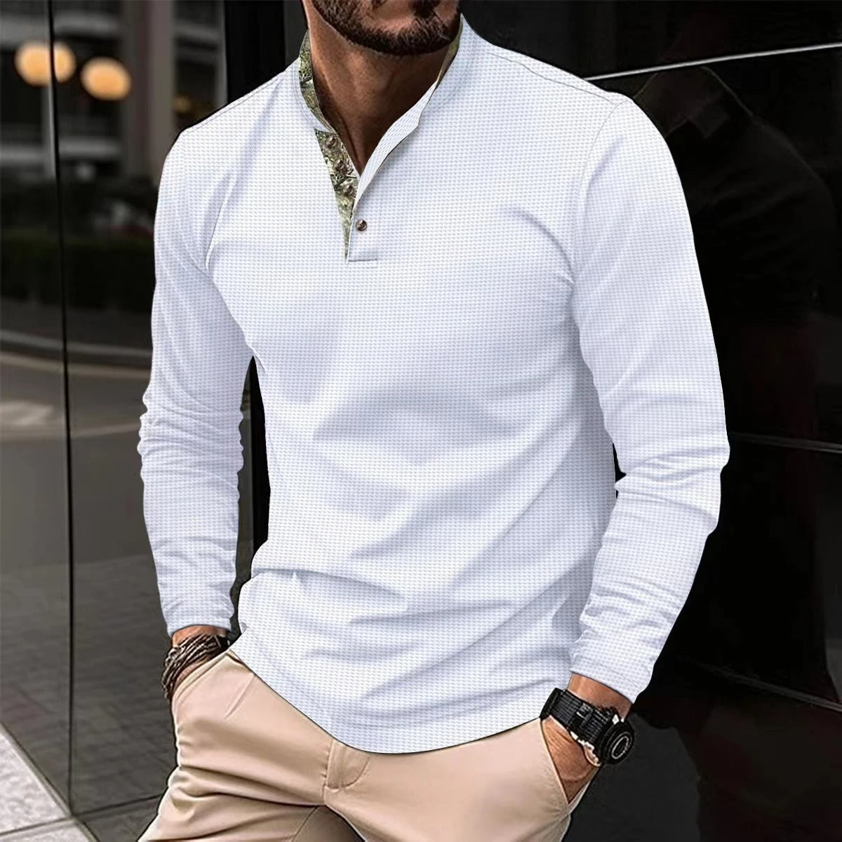 "Men's stylish long-sleeve polo shirt in army green, featuring a sleek design, perfect for various occasions."