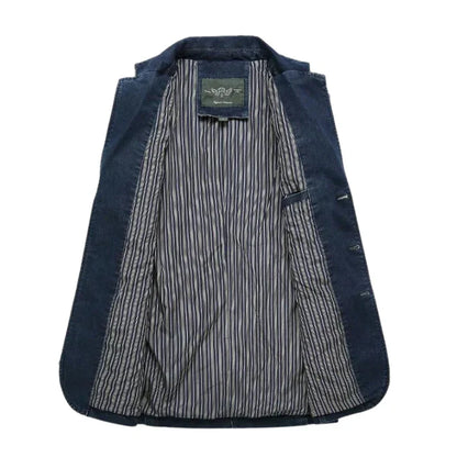 "Men's tailored denim blazer with refined structure, casual sophistication, versatile style, and comfortable fit."