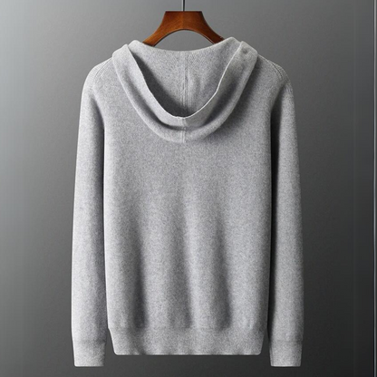 "Men's ultra-soft cashmere hoodie, sleek design, warm, durable, available in blue, gray, navy, perfect for comfort."