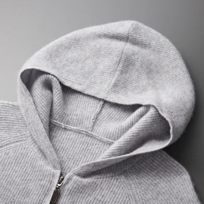 "Men's ultra-soft cashmere hoodie, sleek design, warm, durable, available in blue, gray, navy, perfect for comfort."