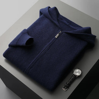 "Men's ultra-soft cashmere hoodie, sleek design, warm, durable, available in blue, gray, navy, perfect for comfort."
