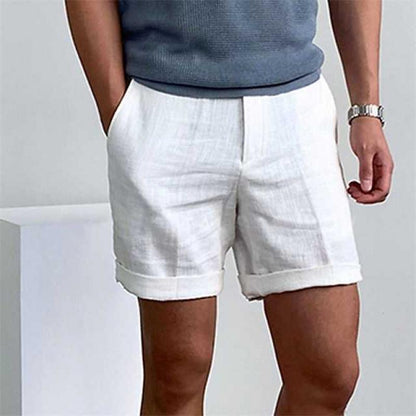 Men's vintage linen beach shorts, breathable and stylish in neutral tones, ideal for summer comfort and casual wear.