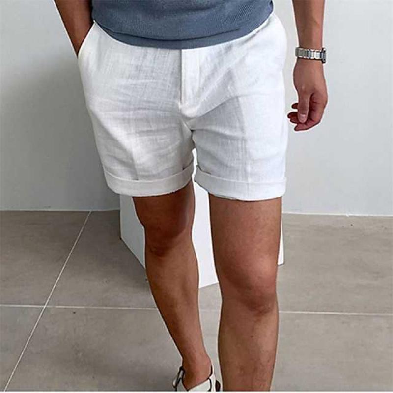 Men's vintage linen beach shorts, breathable and stylish in neutral tones, ideal for summer comfort and casual wear.