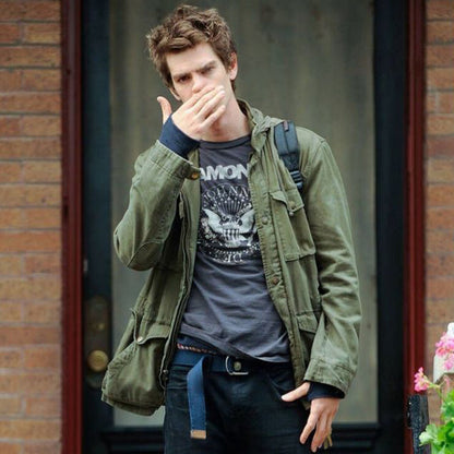 "Men's vintage military jacket with hidden hood, snap-button cargo pockets, wind-resistant, rugged style."