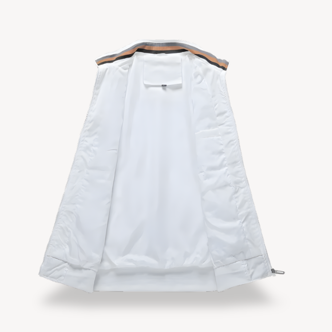 Men's water-resistant golf jacket windbreaker with sleek design, ribbed hem, and full-zip closure, suitable for outdoor wear.