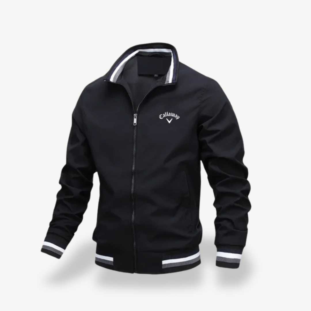 Men's water-resistant golf jacket windbreaker with sleek design, ribbed hem, and full-zip closure, suitable for outdoor wear.