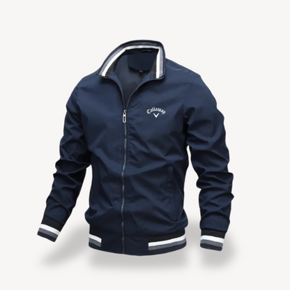 Men's water-resistant golf jacket windbreaker with sleek design, ribbed hem, and full-zip closure, suitable for outdoor wear.