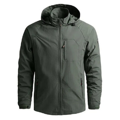 "Men's waterproof breathable cargo summer jacket with multiple pockets, perfect for outdoor adventures and summer showers."