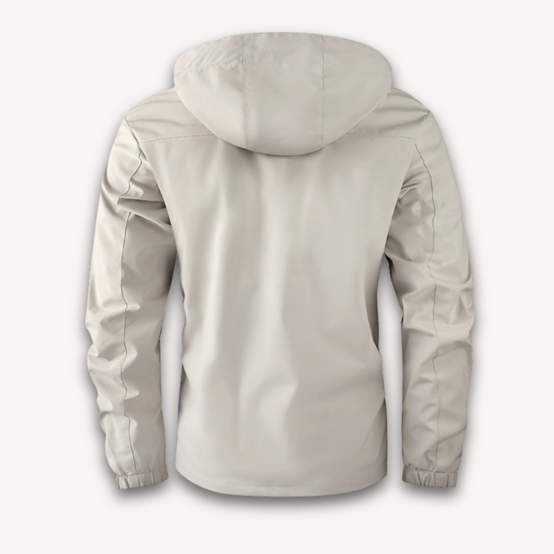 Men's waterproof hooded summer jacket in four colors, front view showing detachable hood and sleek design features.