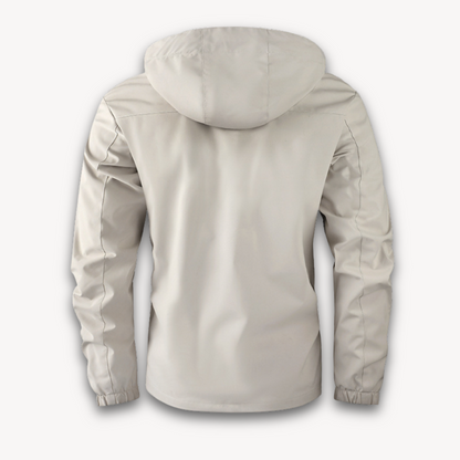 Men's waterproof hooded summer jacket in four colors, front view showing detachable hood and sleek design features.