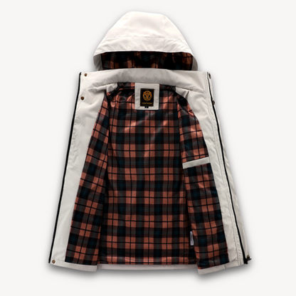 Men's waterproof hooded summer jacket in four colors, front view showing detachable hood and sleek design features.