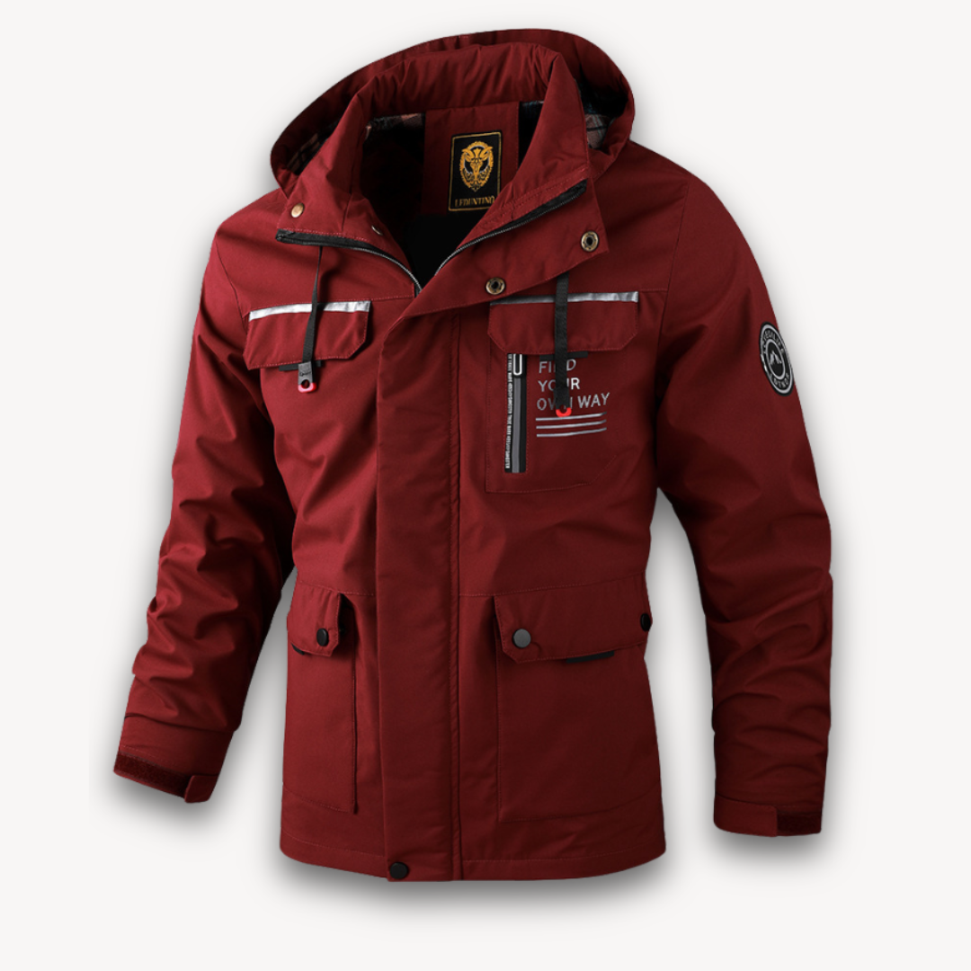 Men's waterproof hooded summer jacket in four colors, front view showing detachable hood and sleek design features.