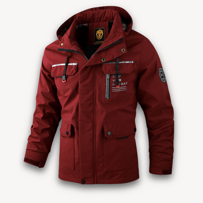 Men's waterproof hooded summer jacket in four colors, front view showing detachable hood and sleek design features.