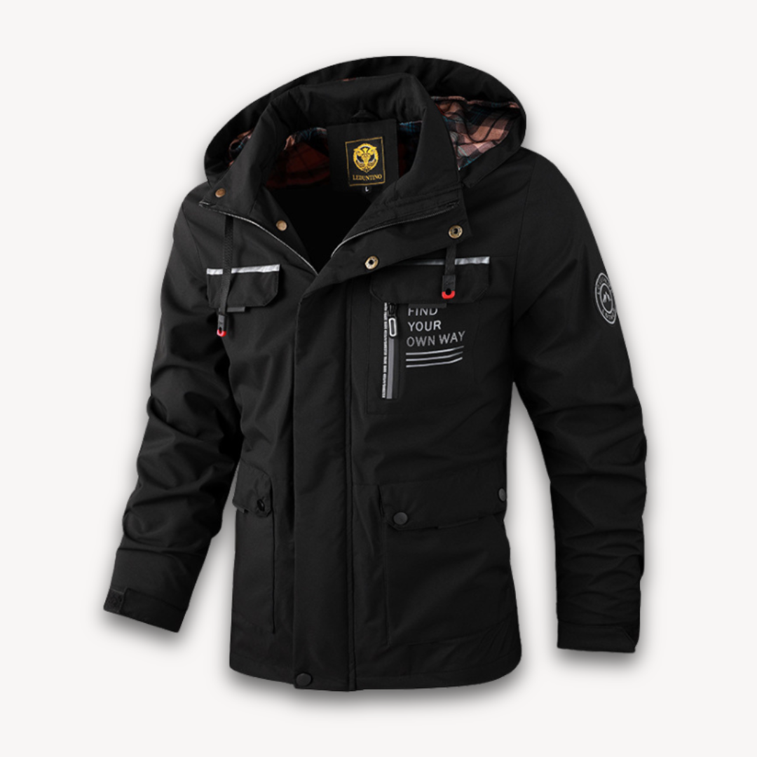 Men's waterproof hooded summer jacket in four colors, front view showing detachable hood and sleek design features.