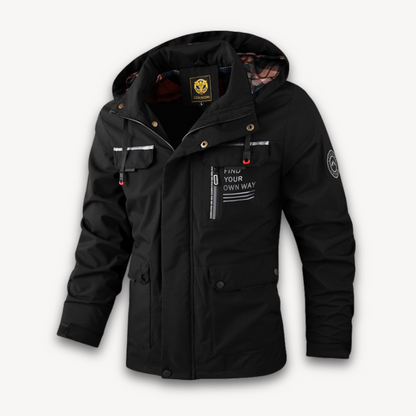 Men's waterproof hooded summer jacket in four colors, front view showing detachable hood and sleek design features.
