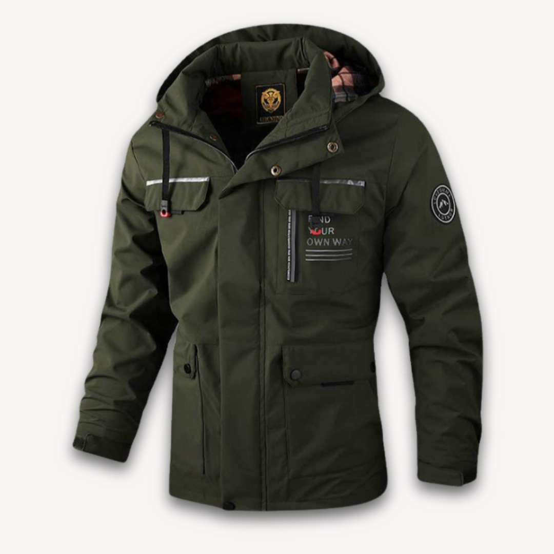 Men's waterproof hooded summer jacket in four colors, front view showing detachable hood and sleek design features.