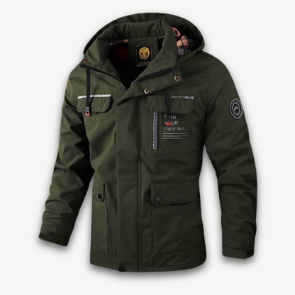 Men's waterproof hooded summer jacket in four colors, front view showing detachable hood and sleek design features.