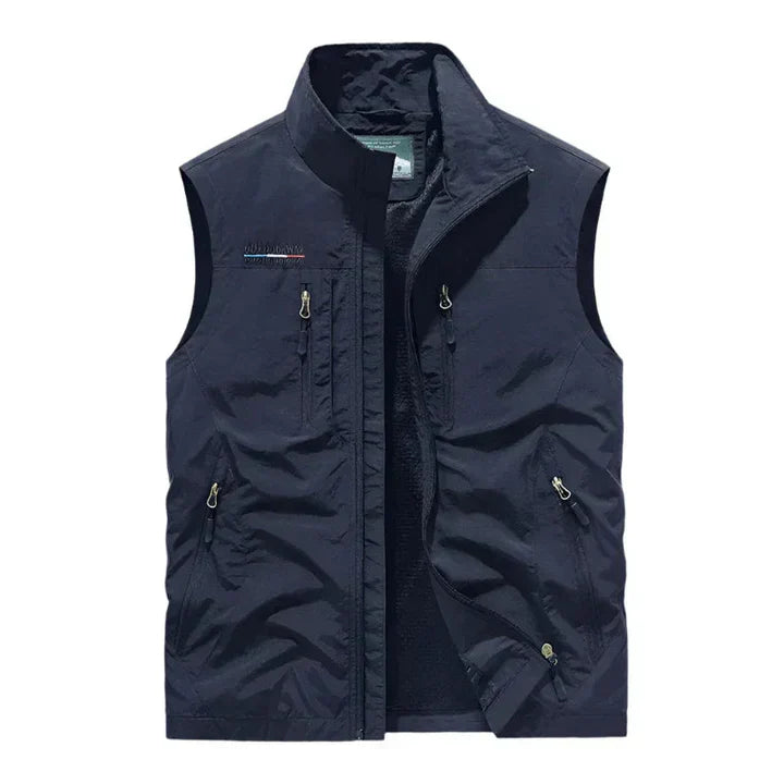 Men's waterproof insulated bodywarmer, sleek with multiple zip pockets; ideal for outdoor adventures in rain or chilly weathe