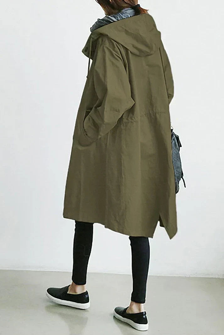 "Men's waterproof trench coat with hood, long tailored fit in black, showcasing stylish design and weather-resistant fabric."