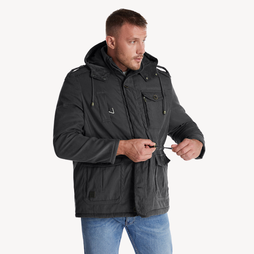 Men's waterproof winter parka with fur-lined hood; thick fleece lining, adjustable fit, multiple pockets; stylish and durable