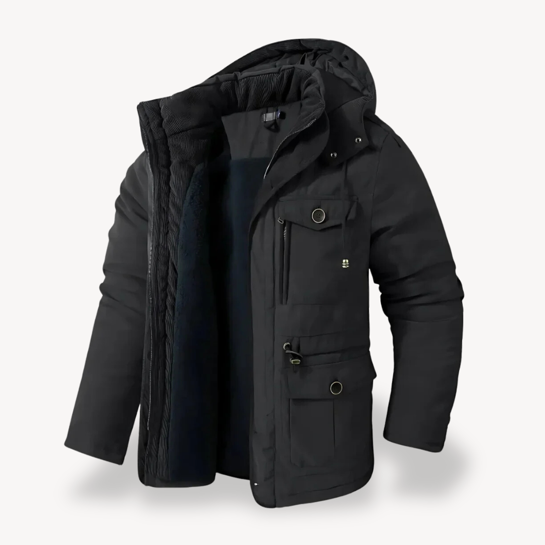 Men's waterproof winter parka with fur-lined hood; thick fleece lining, adjustable fit, multiple pockets; stylish and durable