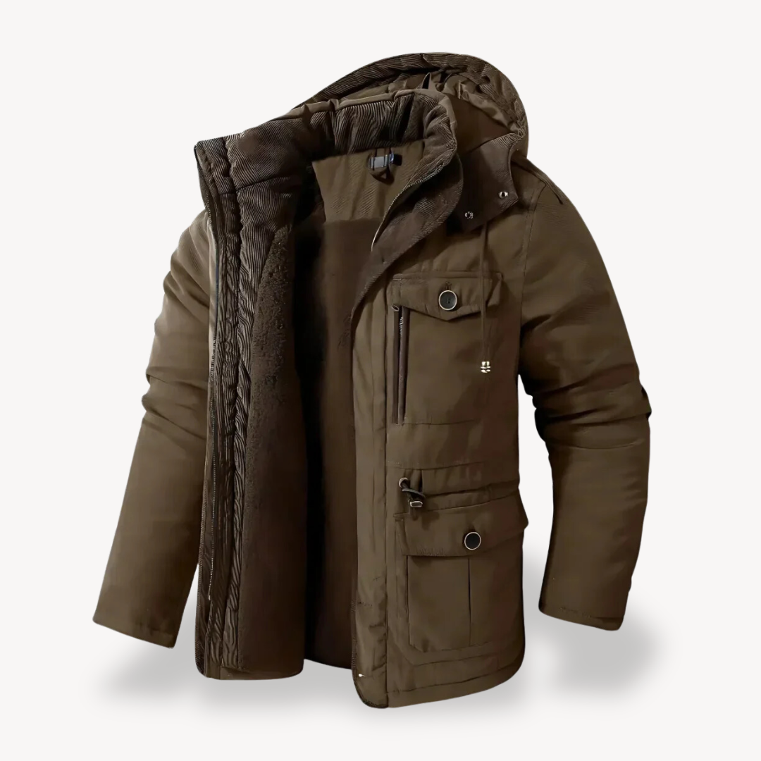 Men's waterproof winter parka with fur-lined hood; thick fleece lining, adjustable fit, multiple pockets; stylish and durable