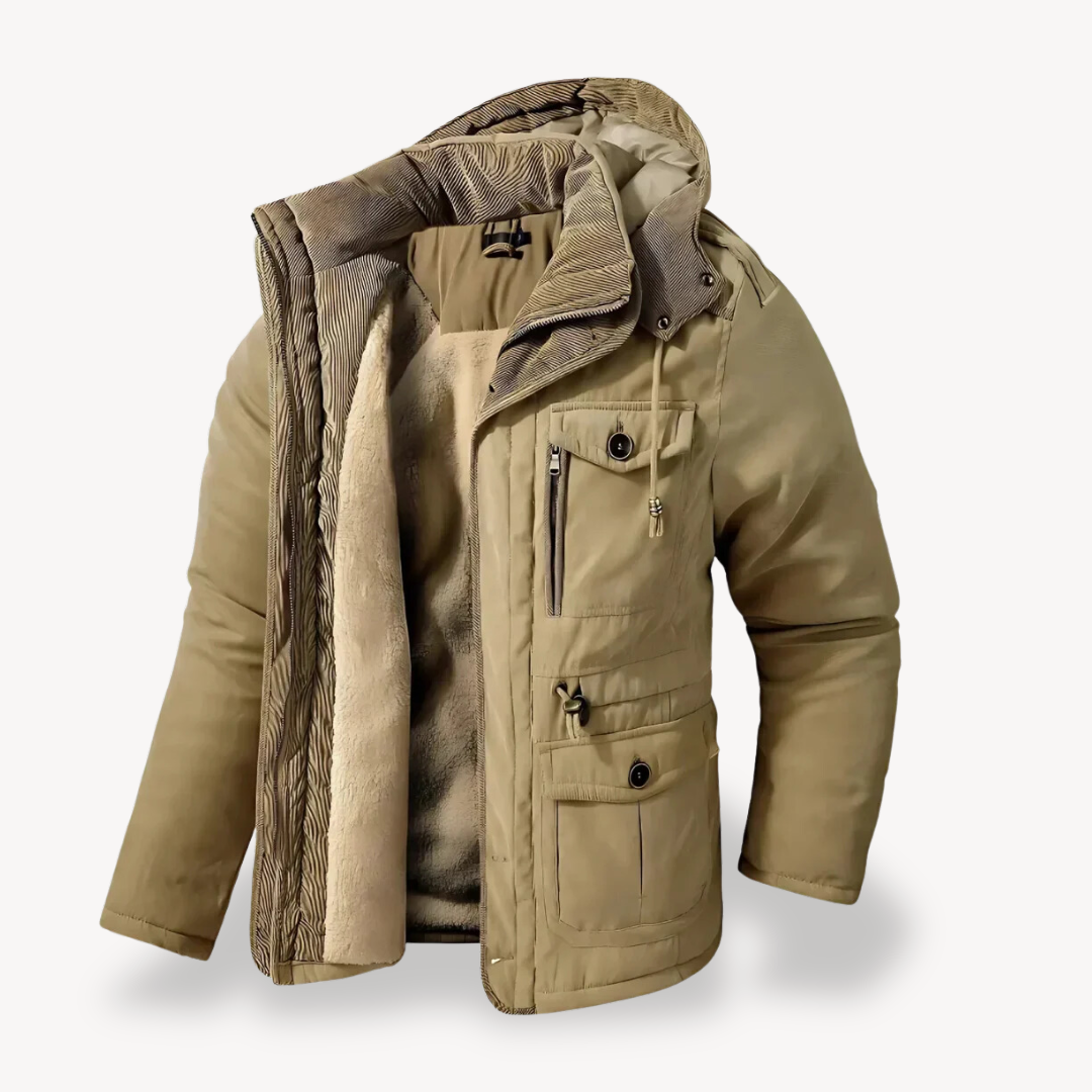 Men's waterproof winter parka with fur-lined hood; thick fleece lining, adjustable fit, multiple pockets; stylish and durable