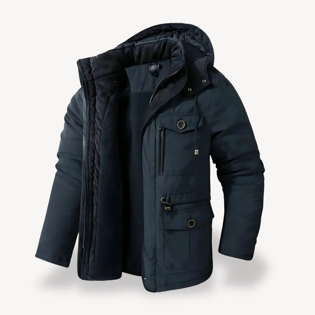 Men's waterproof winter parka with fur-lined hood; thick fleece lining, adjustable fit, multiple pockets; stylish and durable