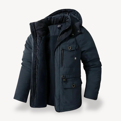 Men's waterproof winter parka with fur-lined hood; thick fleece lining, adjustable fit, multiple pockets; stylish and durable