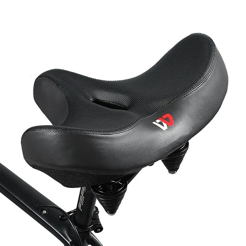 Men's wide bicycle saddle with shock absorption, ergonomic design, and ventilation in durable, water-resistant PU leather.