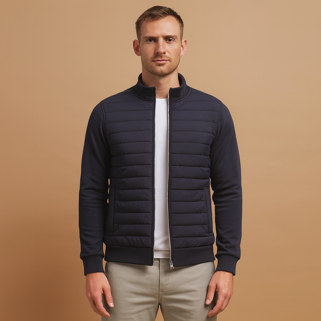 Men’s winter coat with high collar and elastic cuffs, offering warmth and wind protection for cold-weather days.