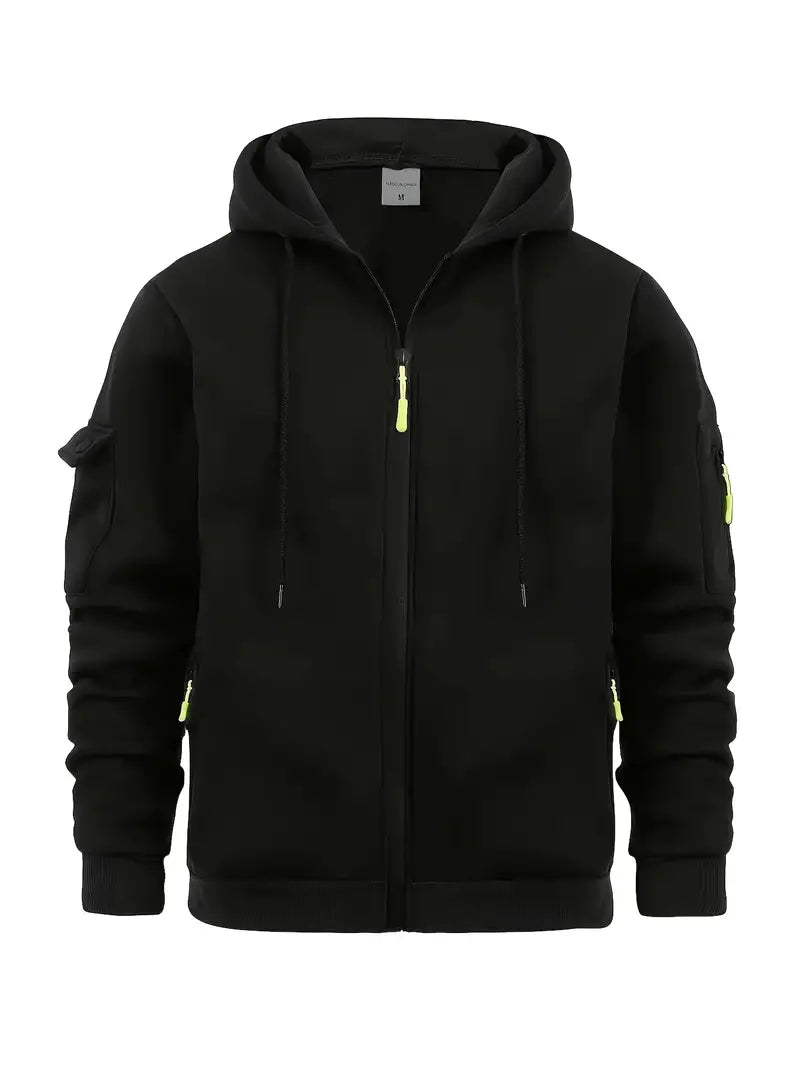 "Men's wool hooded sweatshirt in soft material, casual style. Available in various colors, shown with classic hood."