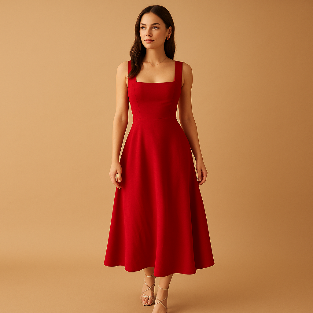 Elegant midi dress for women with square neckline, broad straps, and waist tie, ideal for workdays, weddings, or relaxed outings.
