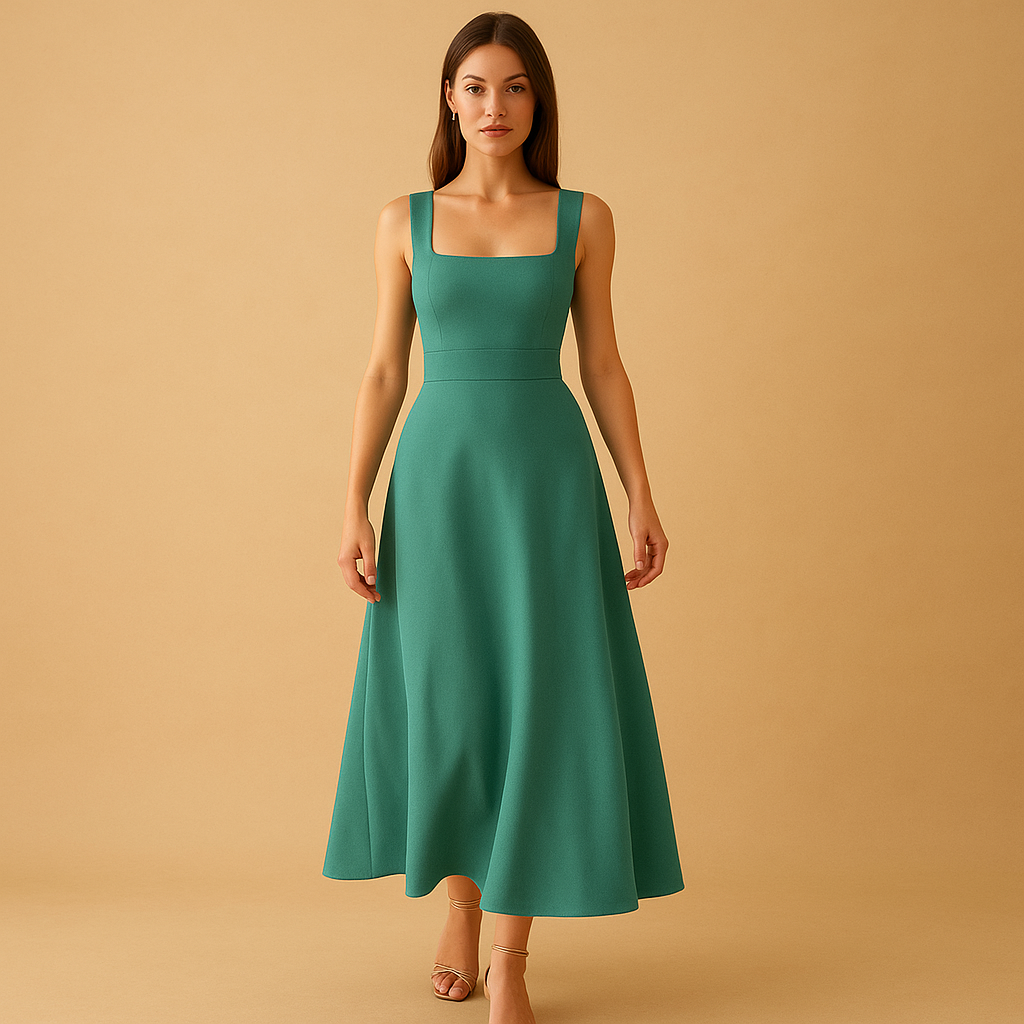 Elegant midi dress for women with square neckline, broad straps, and waist tie, ideal for workdays, weddings, or relaxed outings.