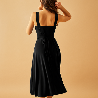 Elegant midi dress for women with square neckline, broad straps, and waist tie, ideal for workdays, weddings, or relaxed outings.
