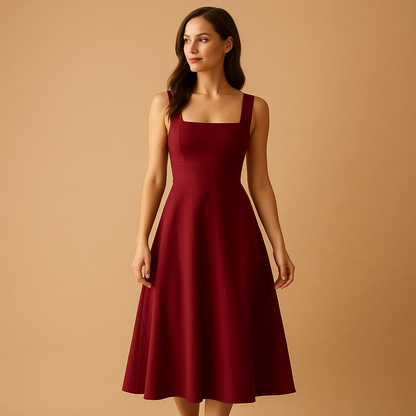 Elegant midi dress for women with square neckline, broad straps, and waist tie, ideal for workdays, weddings, or relaxed outings.