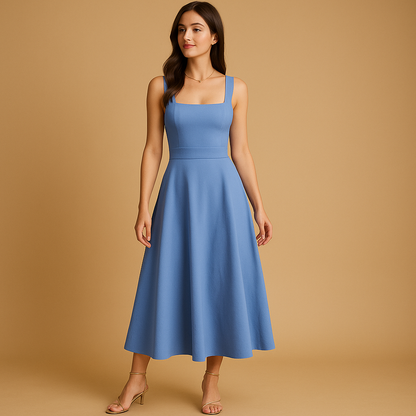 Elegant midi dress for women with square neckline, broad straps, and waist tie, ideal for workdays, weddings, or relaxed outings.
