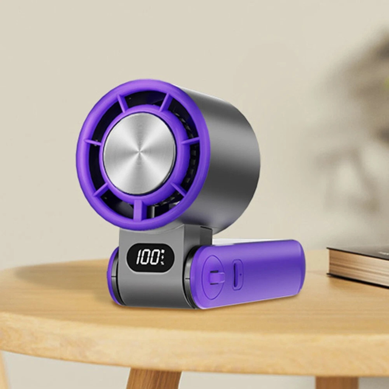 Mini handheld folding rechargeable fan, portable desk or neck use, compact and sleek design offers powerful, quiet cooling.