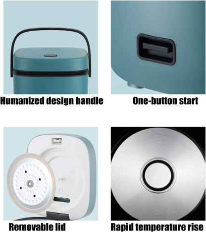 "Mini rice cooker and steamer, compact design for 1-2 people, 1.2L capacity, in green, ideal for small kitchens or travel."