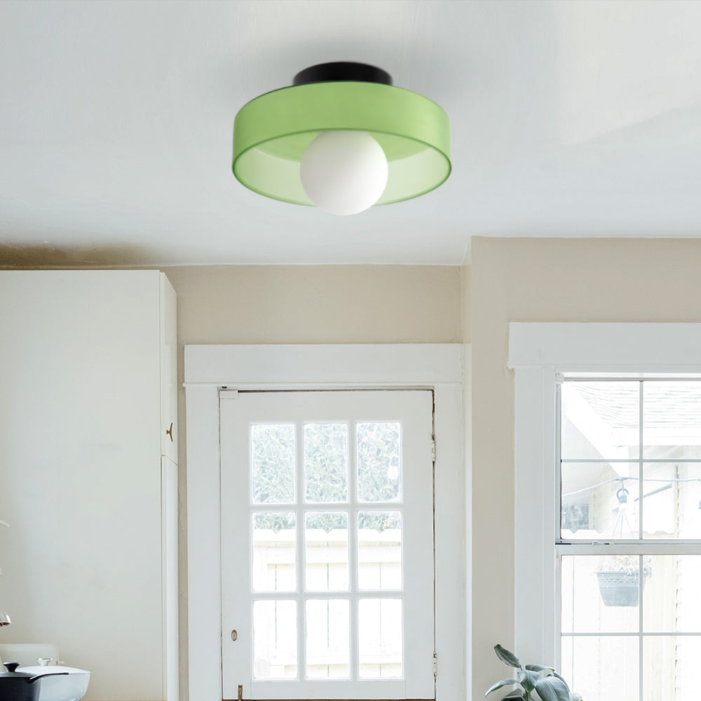 "Minimal flush mount ceiling light with frosted shade, sleek finish, offers soft illumination; ideal for modern and tradition