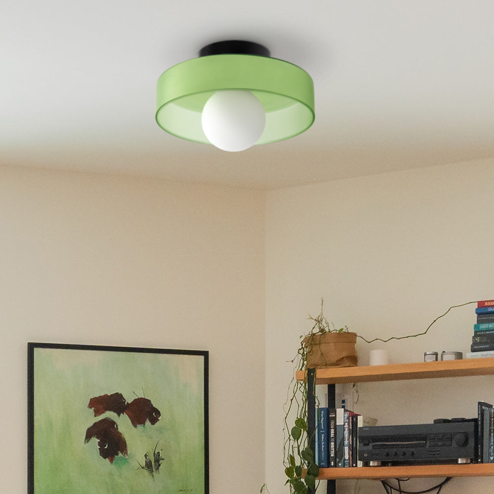 "Minimal flush mount ceiling light with frosted shade, sleek finish, offers soft illumination; ideal for modern and tradition