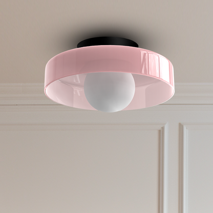 "Minimal flush mount ceiling light with frosted shade, sleek finish, offers soft illumination; ideal for modern and tradition