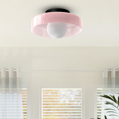 "Minimal flush mount ceiling light with frosted shade, sleek finish, offers soft illumination; ideal for modern and tradition