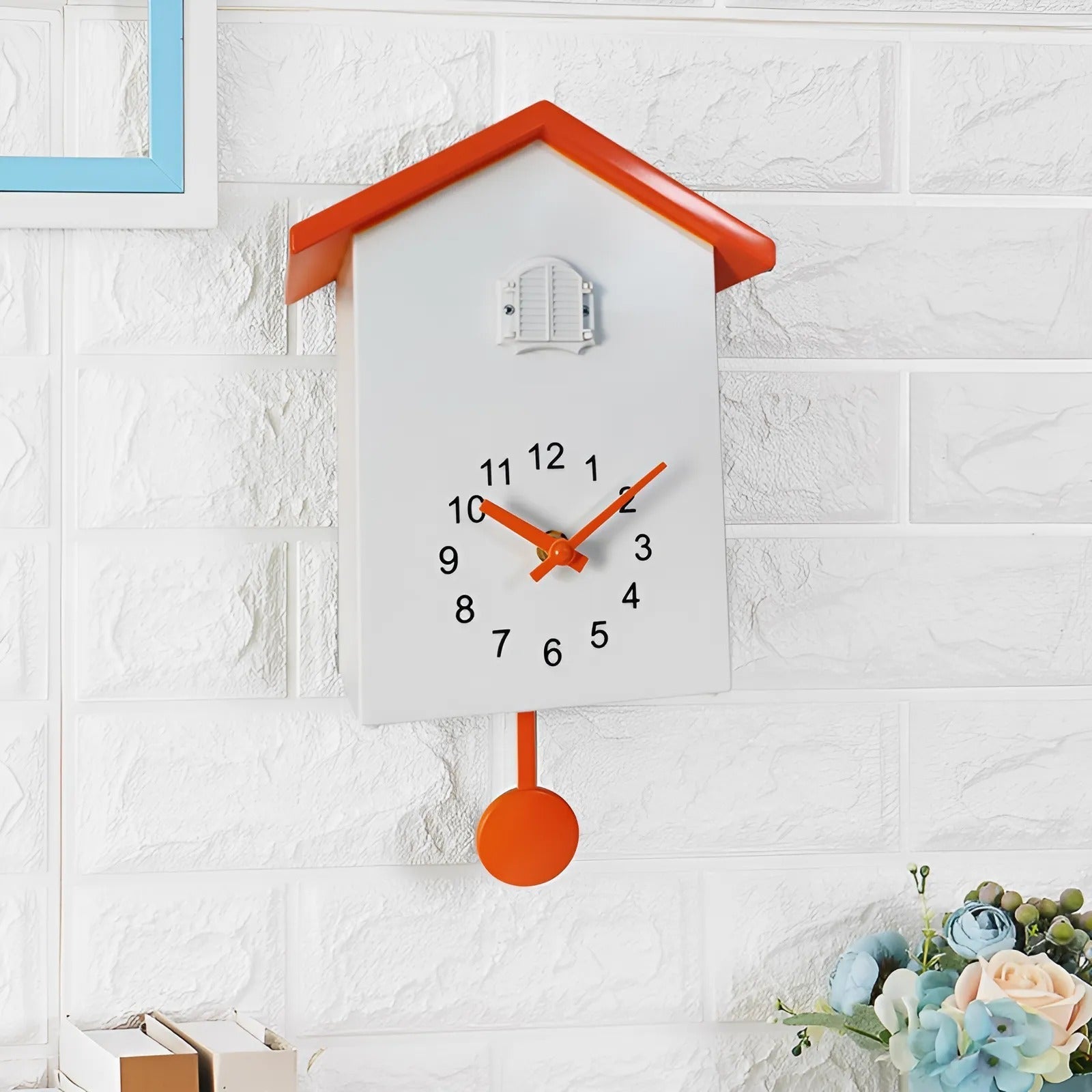 "Minimalist cuckoo wall clock with sleek black and white finish, modern design, whimsical bird element, compact 20x25cm size.